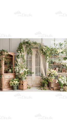 Tło fotograficzne „Rustykalne drzwi w kwiatach z jasnym wnętrzem” | E698